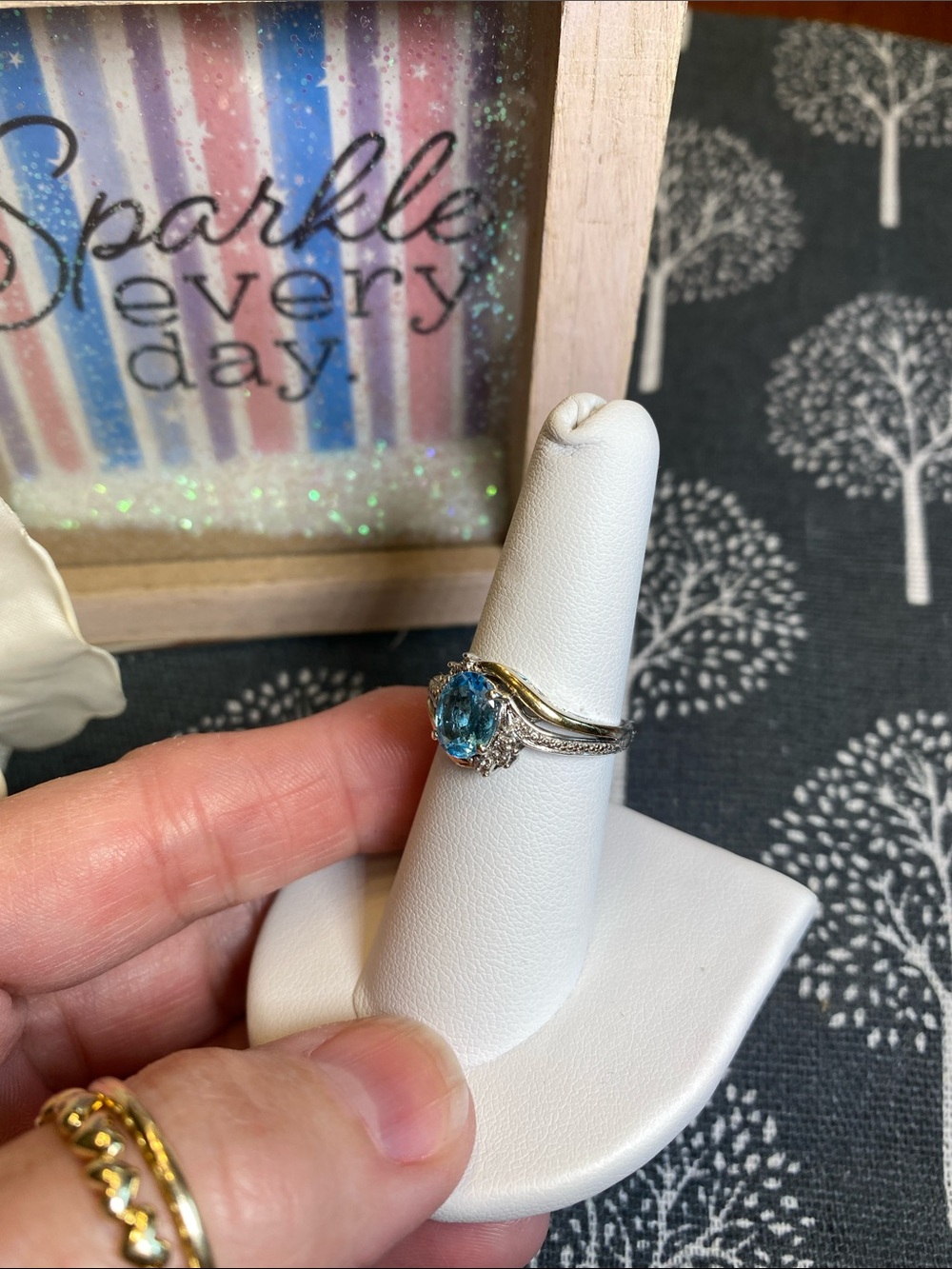 10k gold & 925 Blue Topaz and Diamond Accent Two-Tone Ring - Picture 2 of 12
